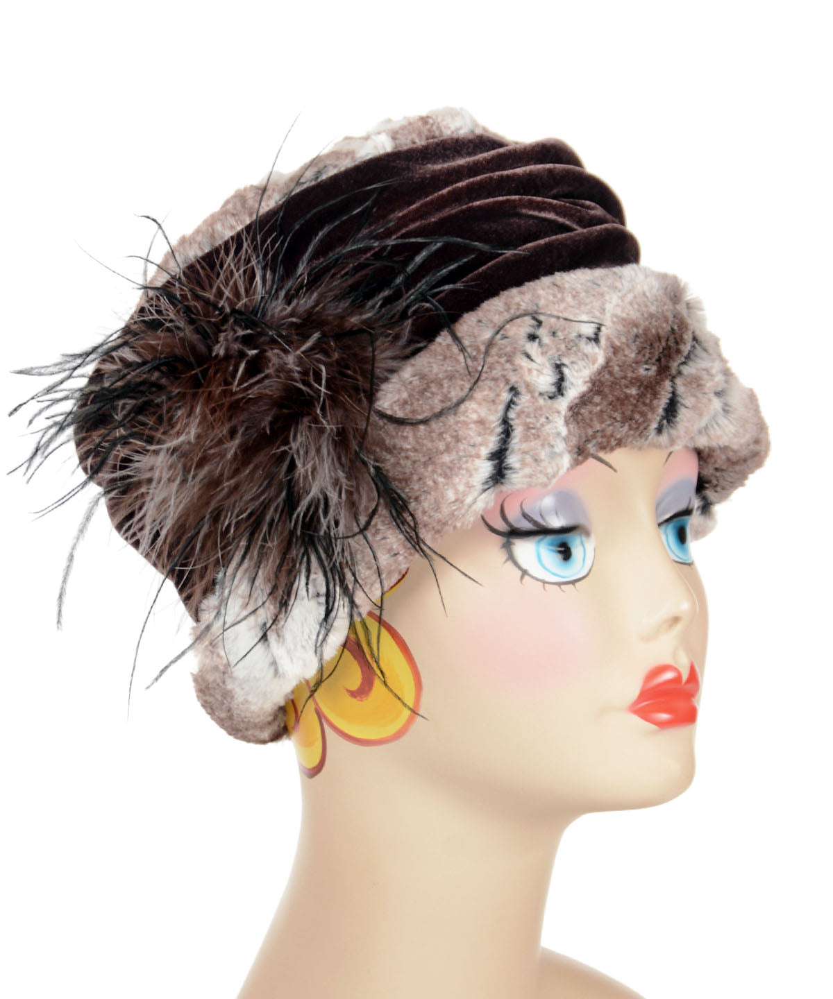  Ana Cloche Hat in Birch Brown Luxury Faux Fur with Chocolate Velvet Band with Ostrich Feather Brooch| Handmade in Seattle WA| Pandemonium Millinery