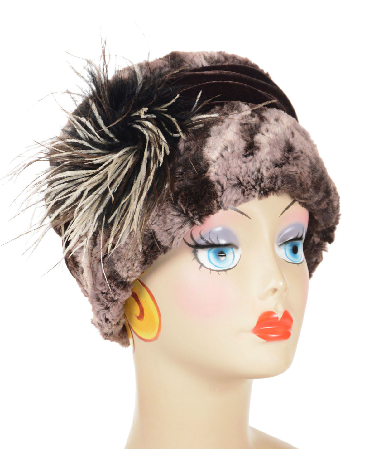 Sideview of the Ana Cloche Hat in Mocha Luxury Faux Fur with Chocolate Velvet Band with Cream and Chocolate Ostrich Brooch | Handmade in Seattle WA| Pandemonium Millinery