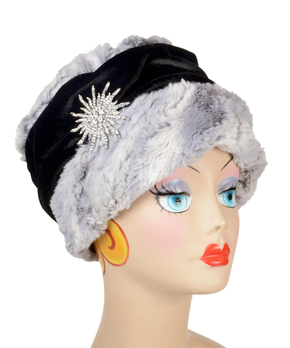 Ana Cloche Hat with Rhinestone Sunburst Brooch | Luxury Faux Fur in Winter River with Black Velvet | Handmade in Seattle, WA by Pandemonium Millinery USA