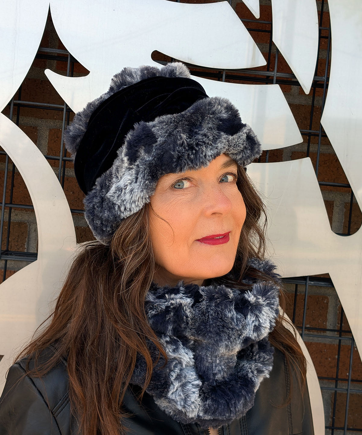 Model wearing a Ana Cloche Hat and matching Neck warmer | Cloudwalk in Shadow Faux Fur | Seattle, WA USA