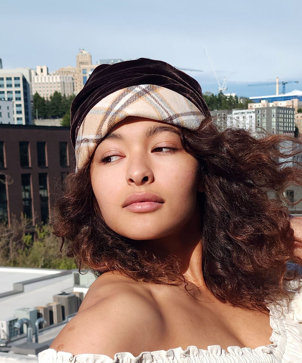 Ana Cloche Style Hat in Daybreak Plaid shown on Model | Handmade By Pandemonium Millinery | Seattle WA USA