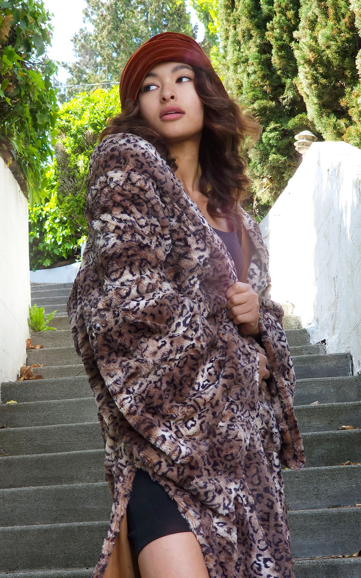 Kimono Duster Model Shot with Velvet Cloche Hat | Carpathian Lynx Faux Fur | Handmade in the USA by Pandemonium Seattle