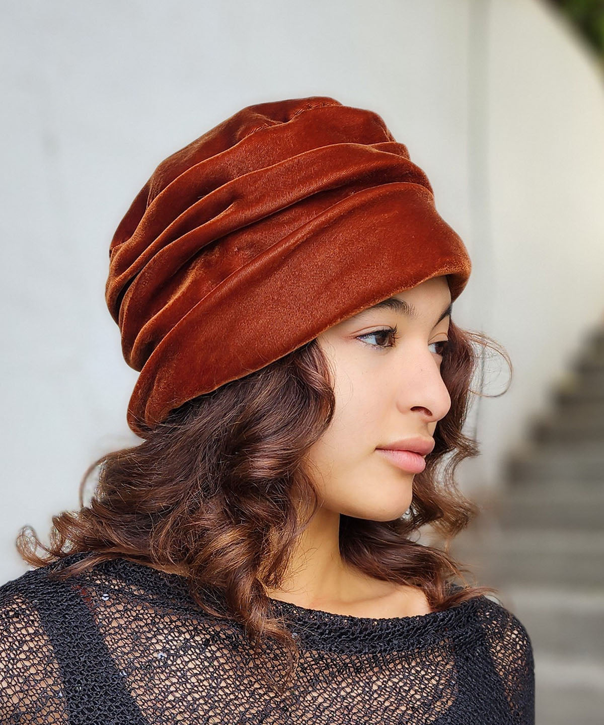 Women wearing Ana Cloche Style Hat in Velvet in Citrine  with Glitzy Glam Dress | Handmade by Pandemonium Seattle USA