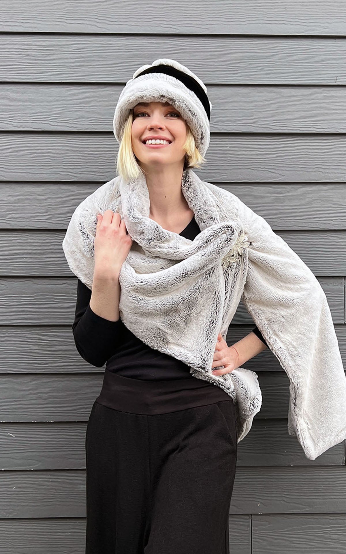 Stole | Frosted Juniper Faux Fur with Rhinestone Brooch | Handmade in the USA by Pandemonium Millinery