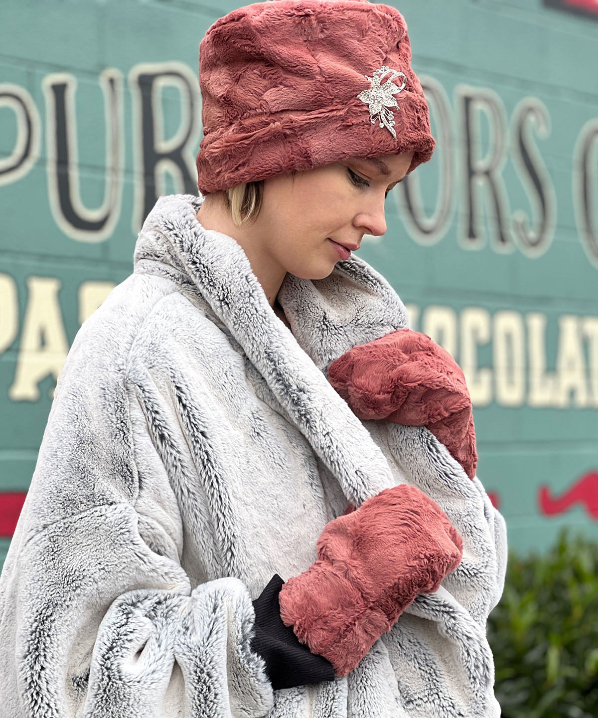 Bacall Jacket side view | Frosted Juniper Faux Fur | Handmade in Seattle, WA USA by Pandemonium Millinery