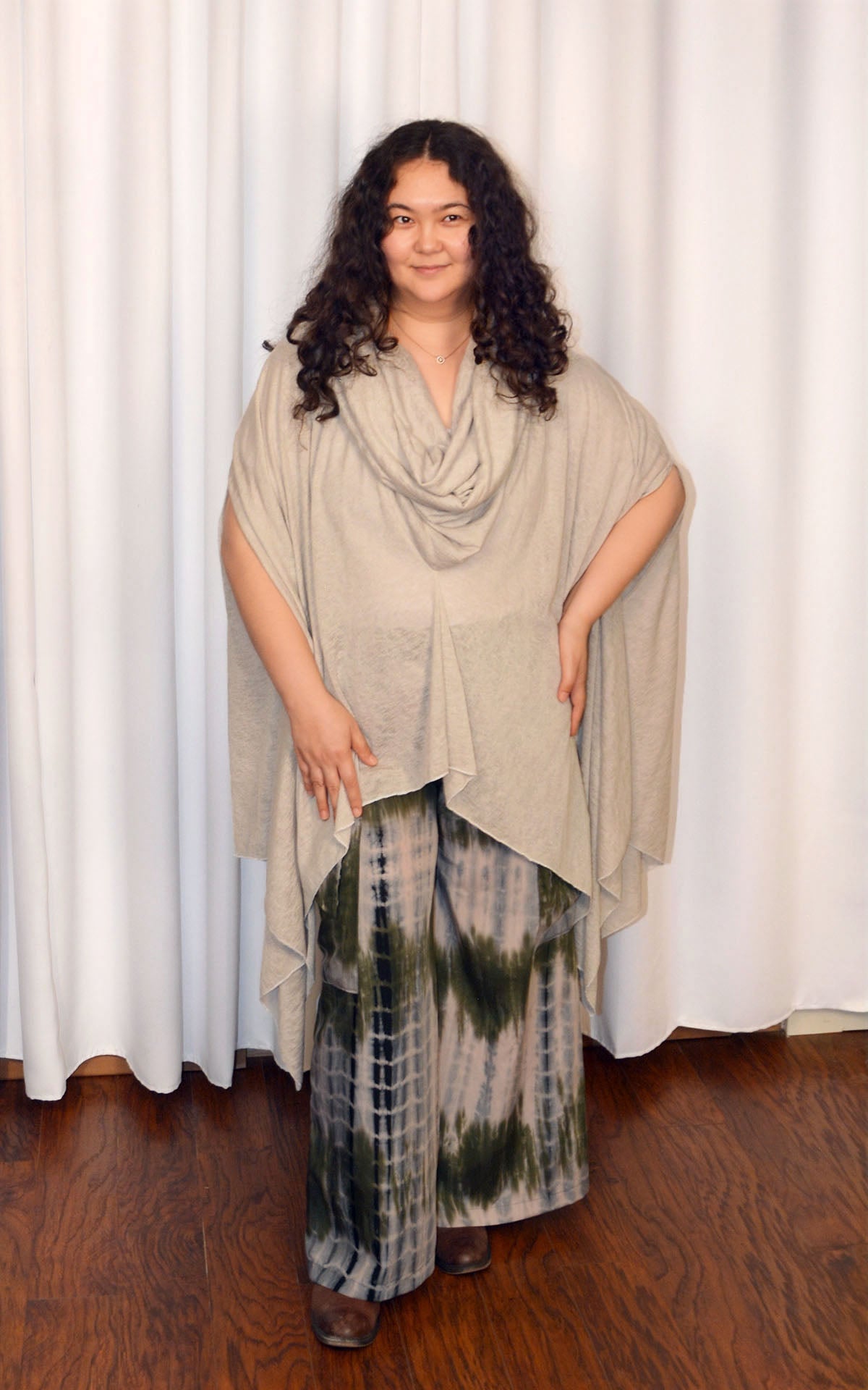 woman wearing wide leg cargo pants in sencha green tea and badlands tunic in sandstone desert crepe handmade by LYC x Pandemonium in Seattle, WA, USA