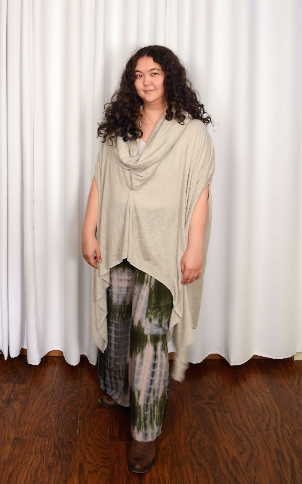 woman wearing cargo pants in sencha green tea and badlands tunic in sandstone desert crepe handmade by LYC x Pandemonium in Seattle, WA, USA