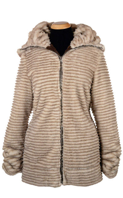 Product Shot of Bardot Coat, Reversible | Cornish Rex Faux Fur with Cuddly Chocolate | Made in Seattle WA, USA | By Pandemonium Seattle