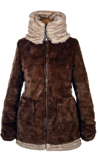 Product Shot of Bardot Coat, Reversible | Showing Cuddly Chocolate  Faux Fur Side with Cornish Rex Collar | Made in Seattle WA, USA | By Pandemonium Seattle