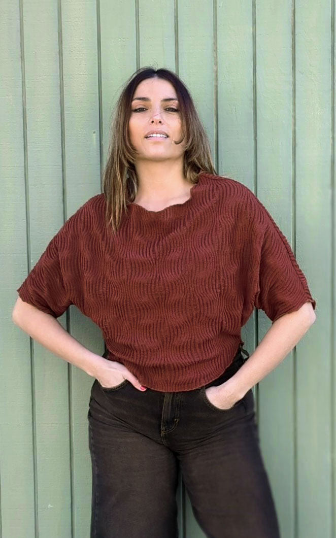 Model photo of the Batwing Top in Burnt Sienna, from the Fractal Collection. LYC and Pandemonium Seattle are handmade in Seattle, WA, USA.