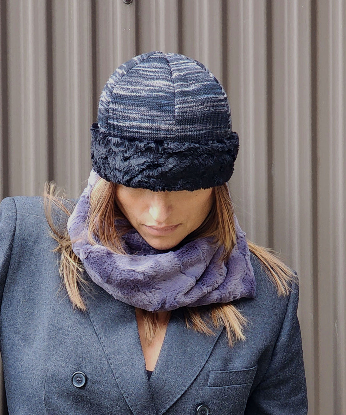 Model wearing Beanie Hat  | Sweet Stripes in Blackberry Cobbler with Cuddly Black Faux Fur | Pandemonium Millinery