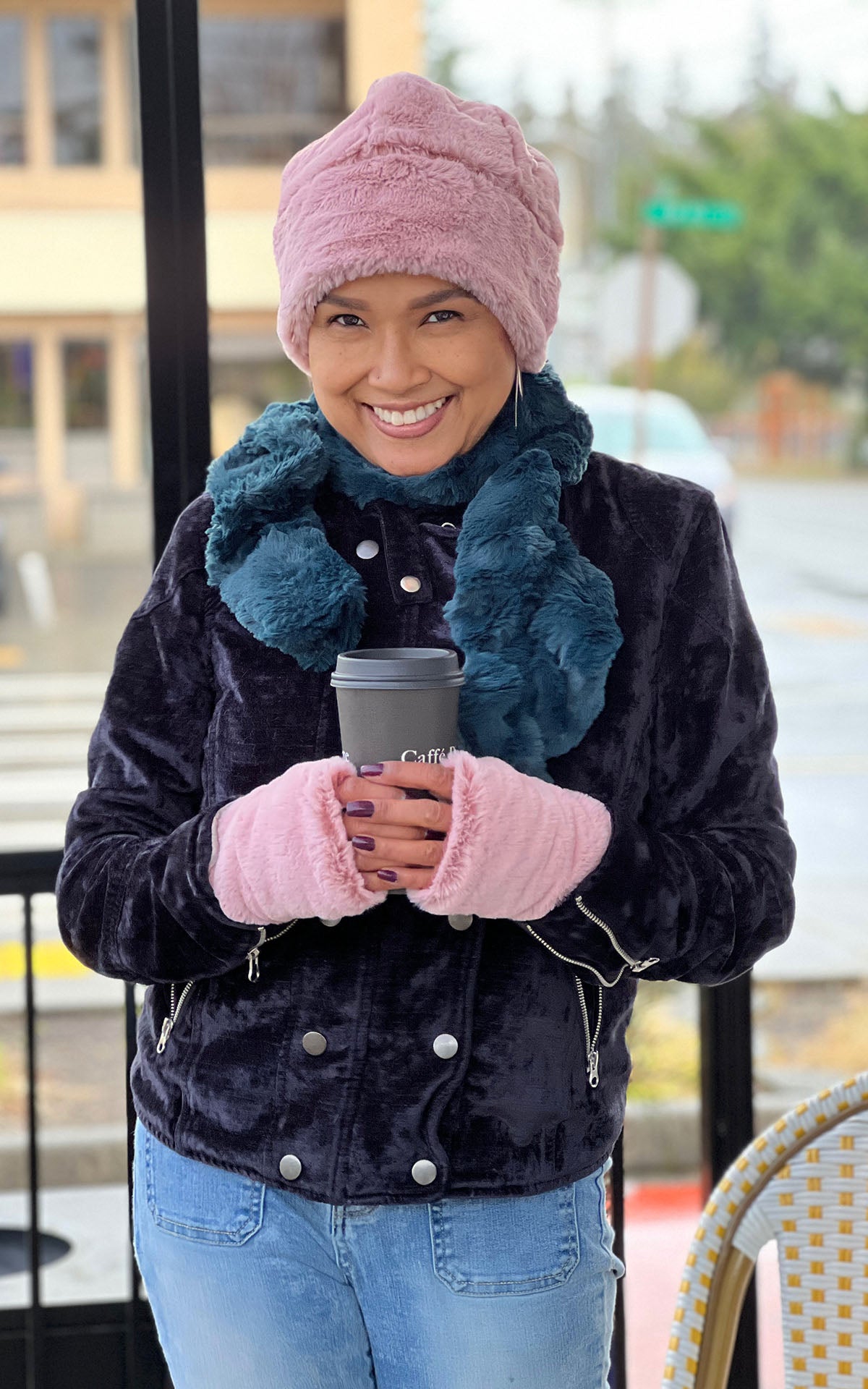 Fingerless Gloves and Beanie Hat with Coordinating Scrunchy Scarf | Frosted Cedar Faux Fur | Handmade in Seattle, WA USA by Pandemonium Millinery