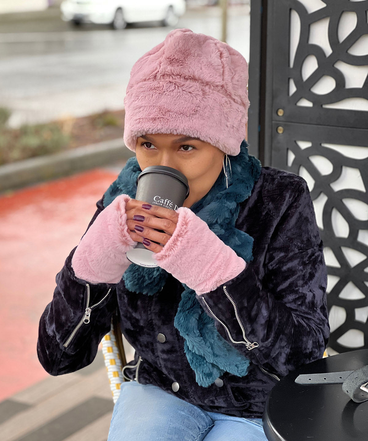 Fingerless Gloves with matching Beanie Hat | Frosted Cedar Faux Fur | Handmade in Seattle, WA USA by Pandemonium Millinery