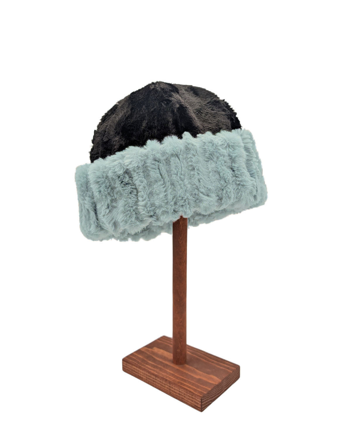 Reversible Men's Beanie | Cirrus Faux Fur in Blue Mist with Cuddly Black |  Shown in Reversed | Handmade in Seattle, WA, USA | By Pandemonium MIllinery