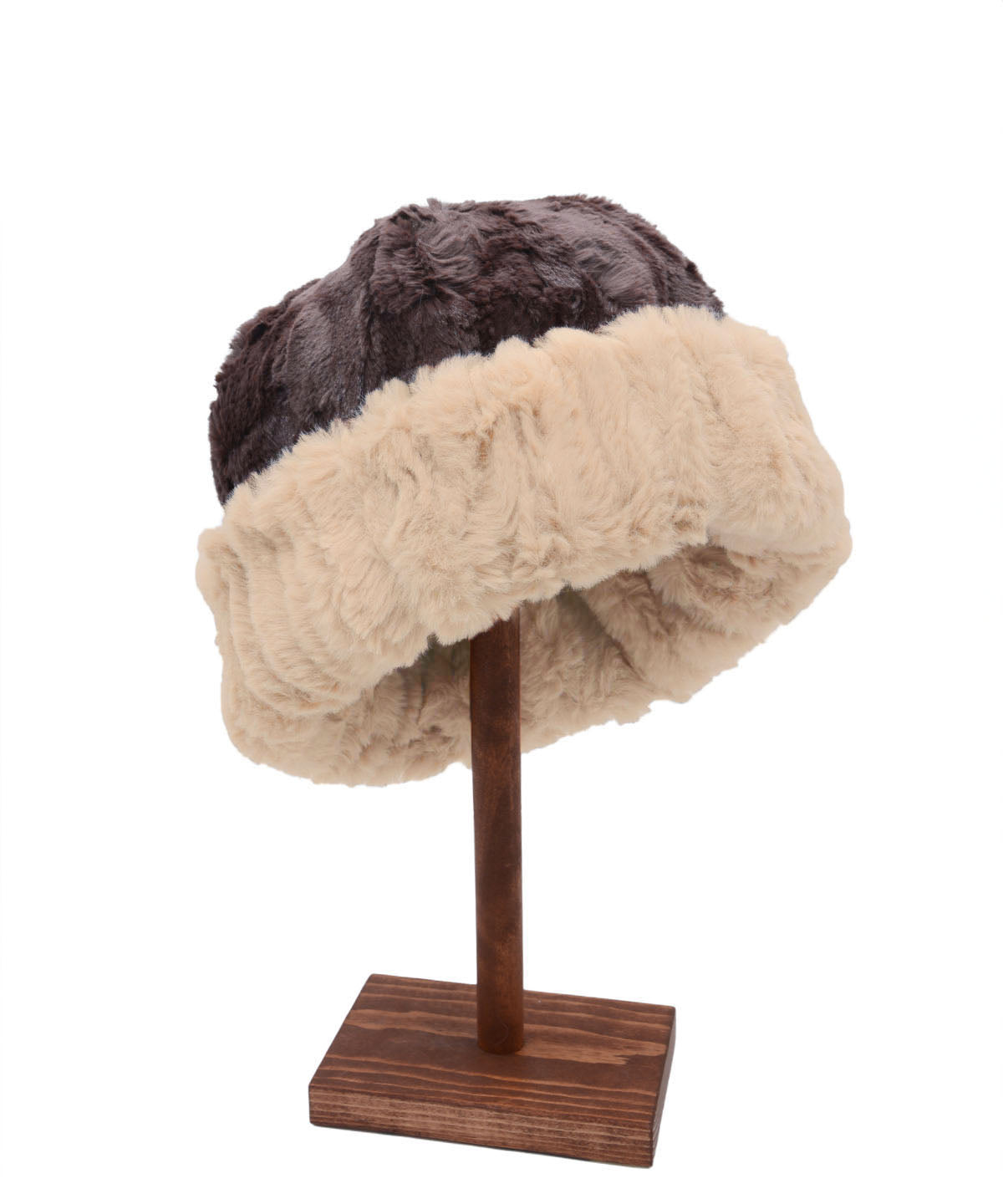 Reversible Men's Beanie Hat | Cirrus Faux Fur in Honey with Cuddly Chocolate | Shown Reversed | Handmade in Seattle, WA, USA | By Pandemonium MIllinery