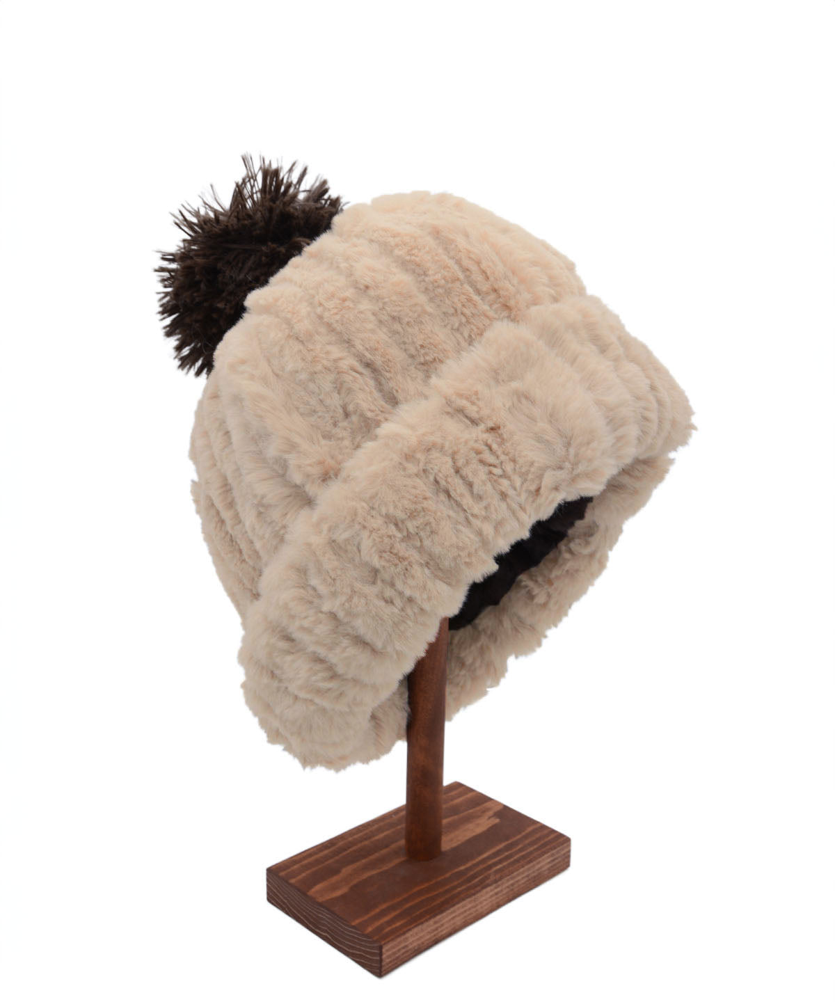 Reversible Men's Beanie Hat | Cirrus Faux Fur in Honey | Shown with Chocolate Pom Pom | Handmade in Seattle, WA, USA | By Pandemonium MIllinery