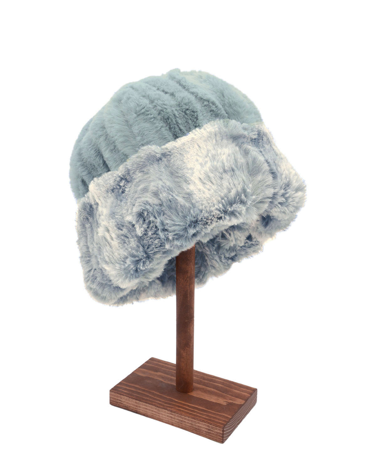 Men&#39;s Reversible Beanie | Cloudwalk and Cirrus Blue Mist Faux Fur | Shown Reversed | Handmade in Seattle, WA, USA | By Pandemonium MIllinery
