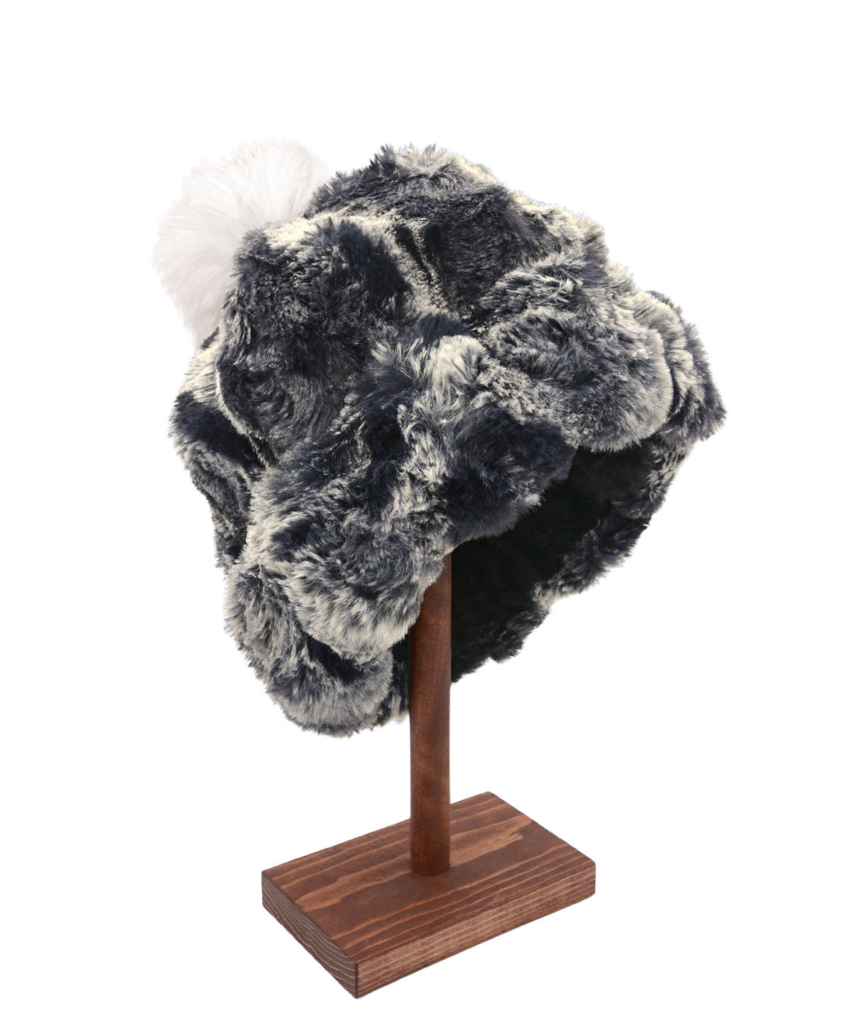 Men&#39;s Beanie  Hat Reversible | Cloudwalk and Cirrus Faux Fur in Shadow | Shown with Large Ivory Pom | Handmade in Seattle, WA, USA | By Pandemonium MIllinery