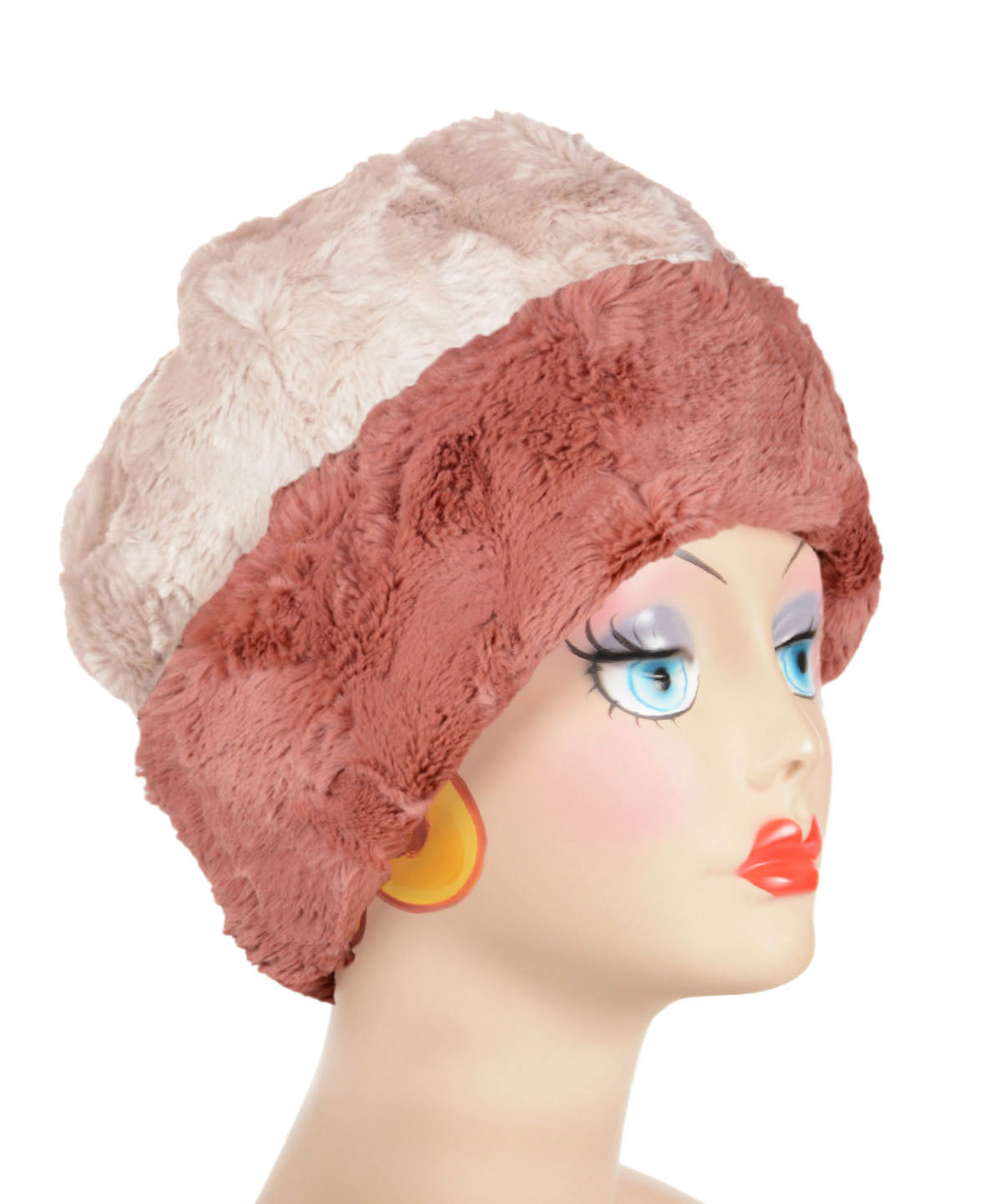 Beanie Hat Reversible Cuddly Faux in Copper River Lined in Cuddly Sand by Pandemonium Millinery