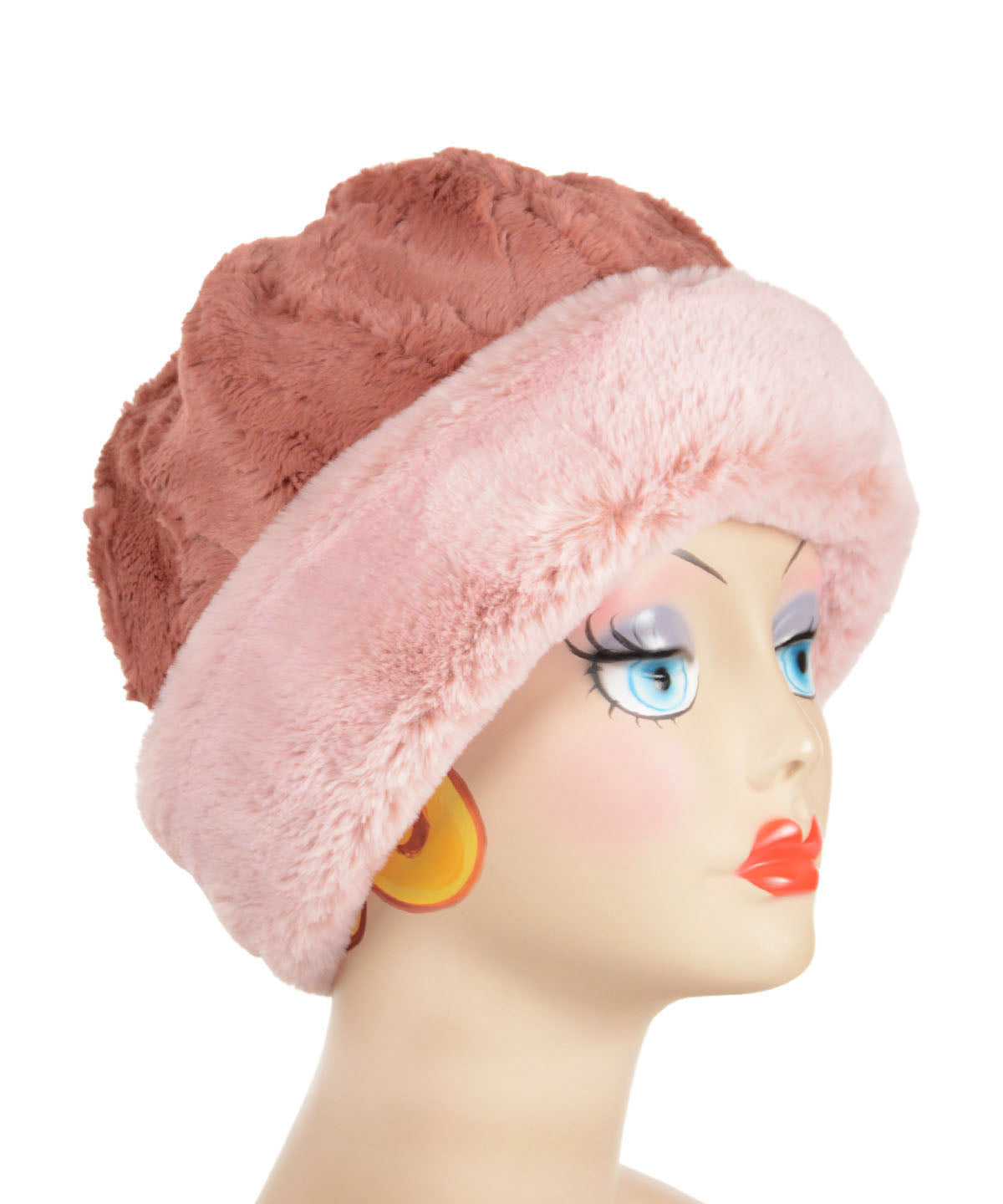 Shown in reversed Reversible Beanie Style Hat in Frosted Cedar Faux Fur with Copper River lining by Pandemonium Seattle. Handmade in Seattle, WA USA.