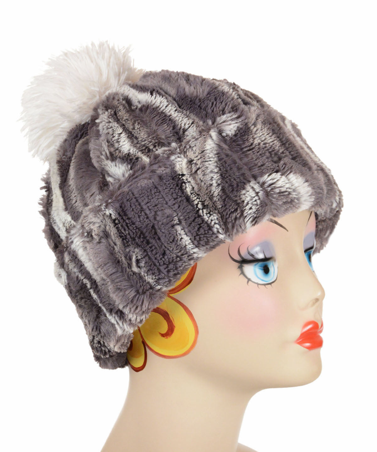 Beanie Hat in Gray Marble Dune Faux Fur with a Large Fox Pom handmade in Seattle, WA USA by Pandemonium Millinery