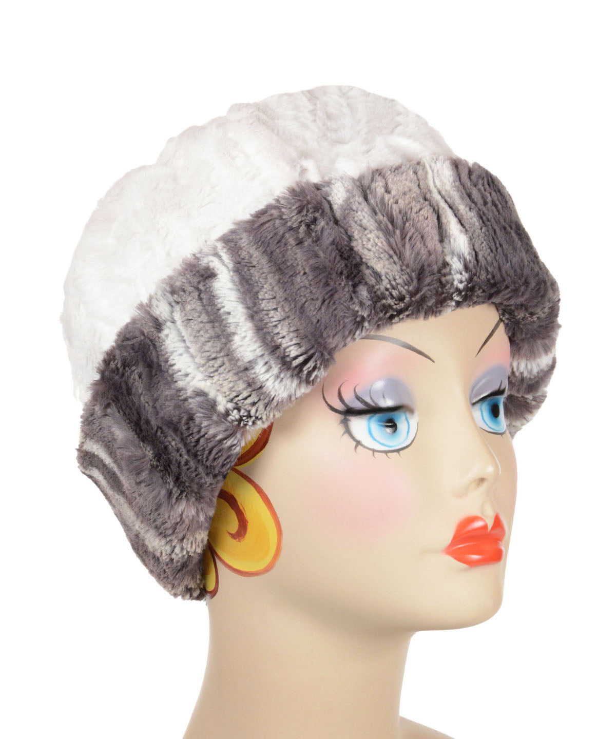 Beanie Hat in Gray Marble Dune Faux Fur reversed to Cuddy Ivory handmade in Seattle, WA USA by Pandemonium Millinery