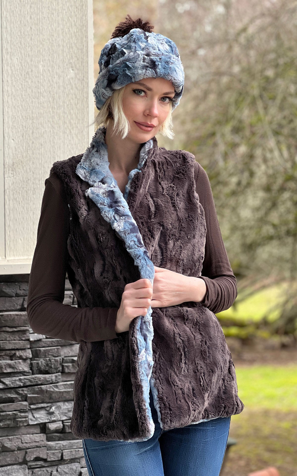 Mandarin Vest Short in Rainier Sky and Espresso Bean, shown reversed. Handmade in Seattle, WA, USA by Pandemonium Seattle.