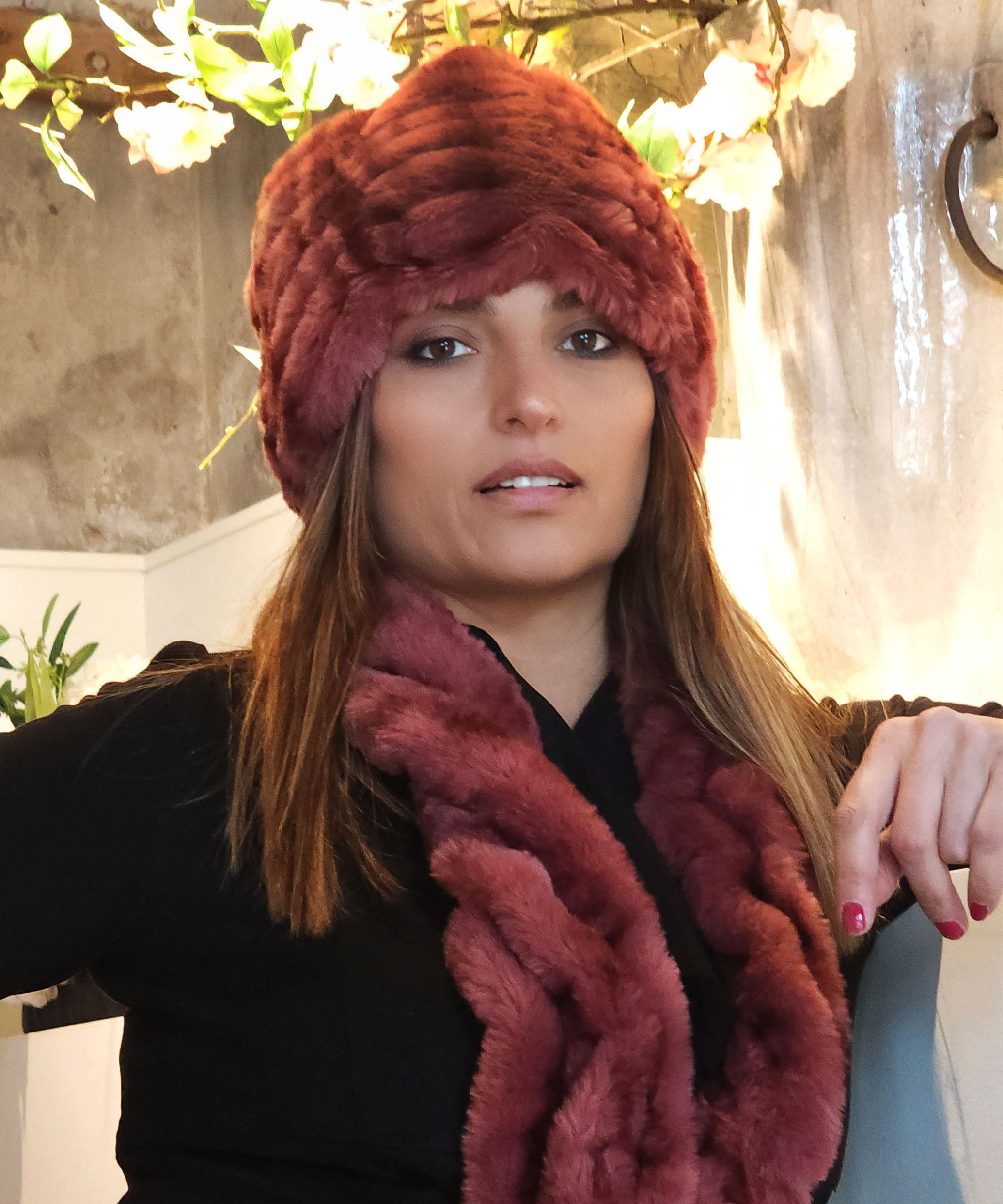 Woman looking up and wearing Beanie Hat | Heavenly Royal Opulence Faux Fur | from Pandemonium Seattle