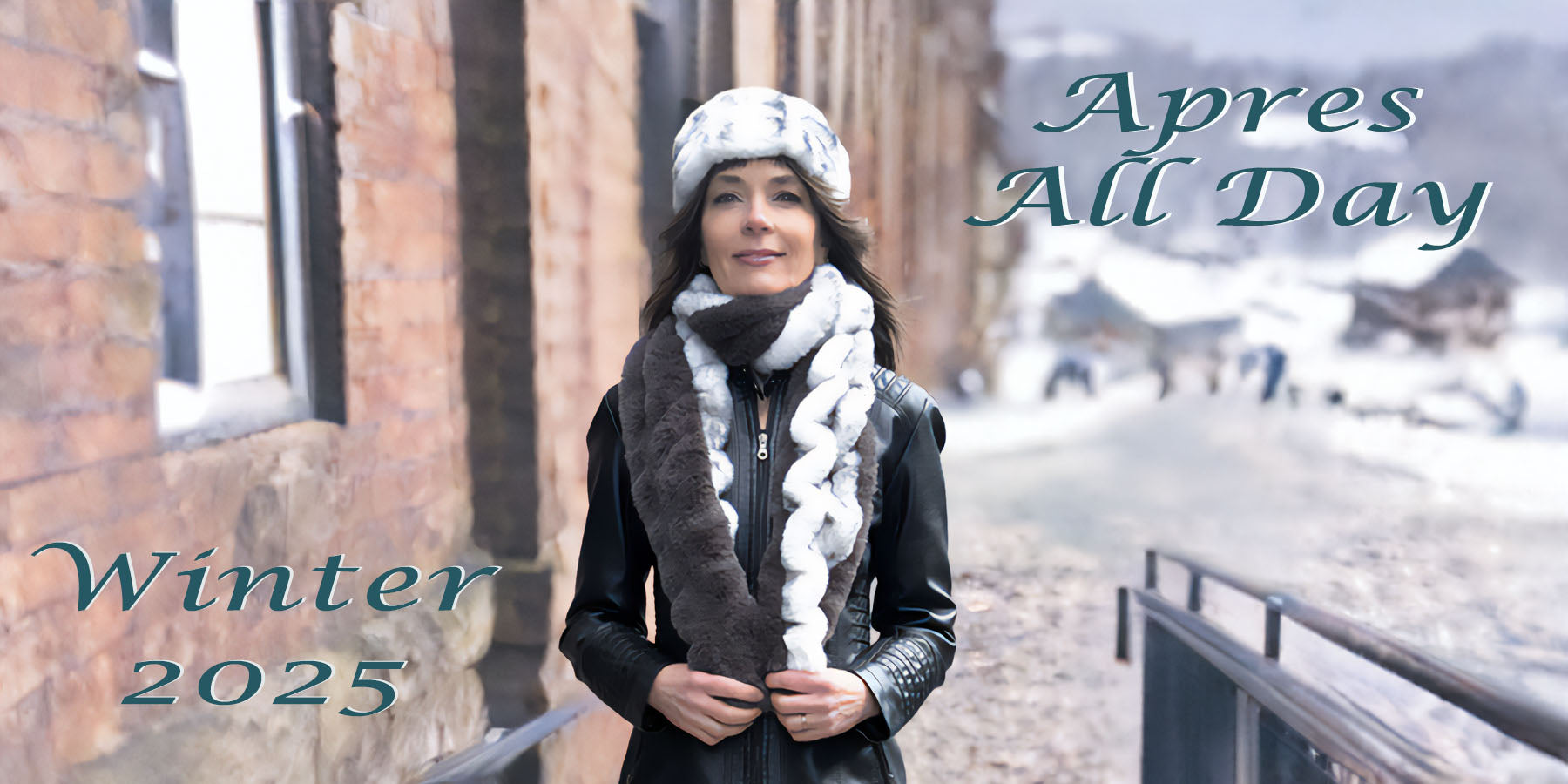 Woman at a ski resort wearing an Aspen plush faux fur scarf and headband in white and gray handmade in the USA by Pandemonium Seattle for desktop view