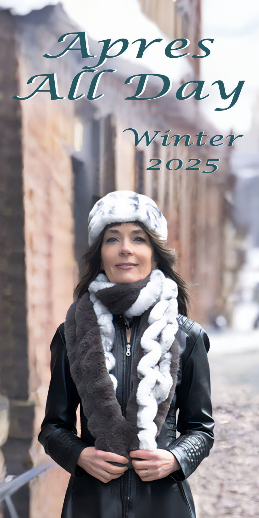 Woman at a ski resort wearing an Aspen plush faux fur scarf and headband in white and gray handmade in the USA by Pandemonium Seattle for mobile view