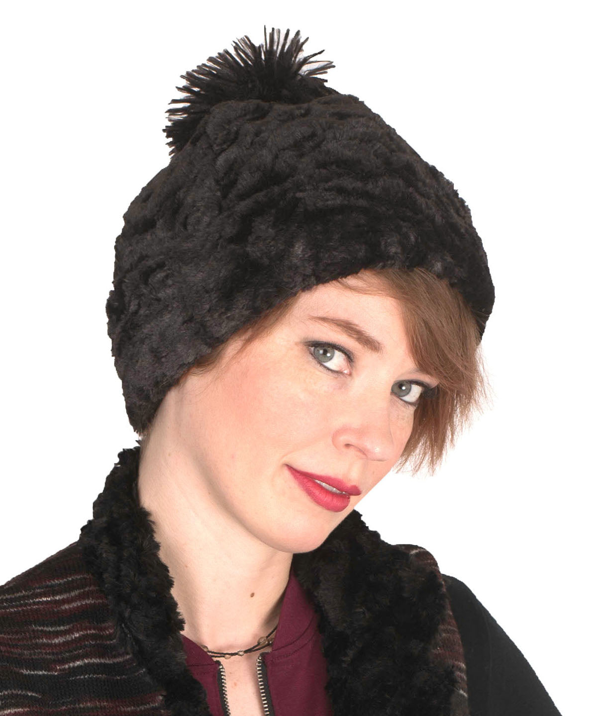 Beanie Hat Reversible Cuddly Faux in Black Lined in Cuddly Chocolate with Pom - by Pandemonium Millinery