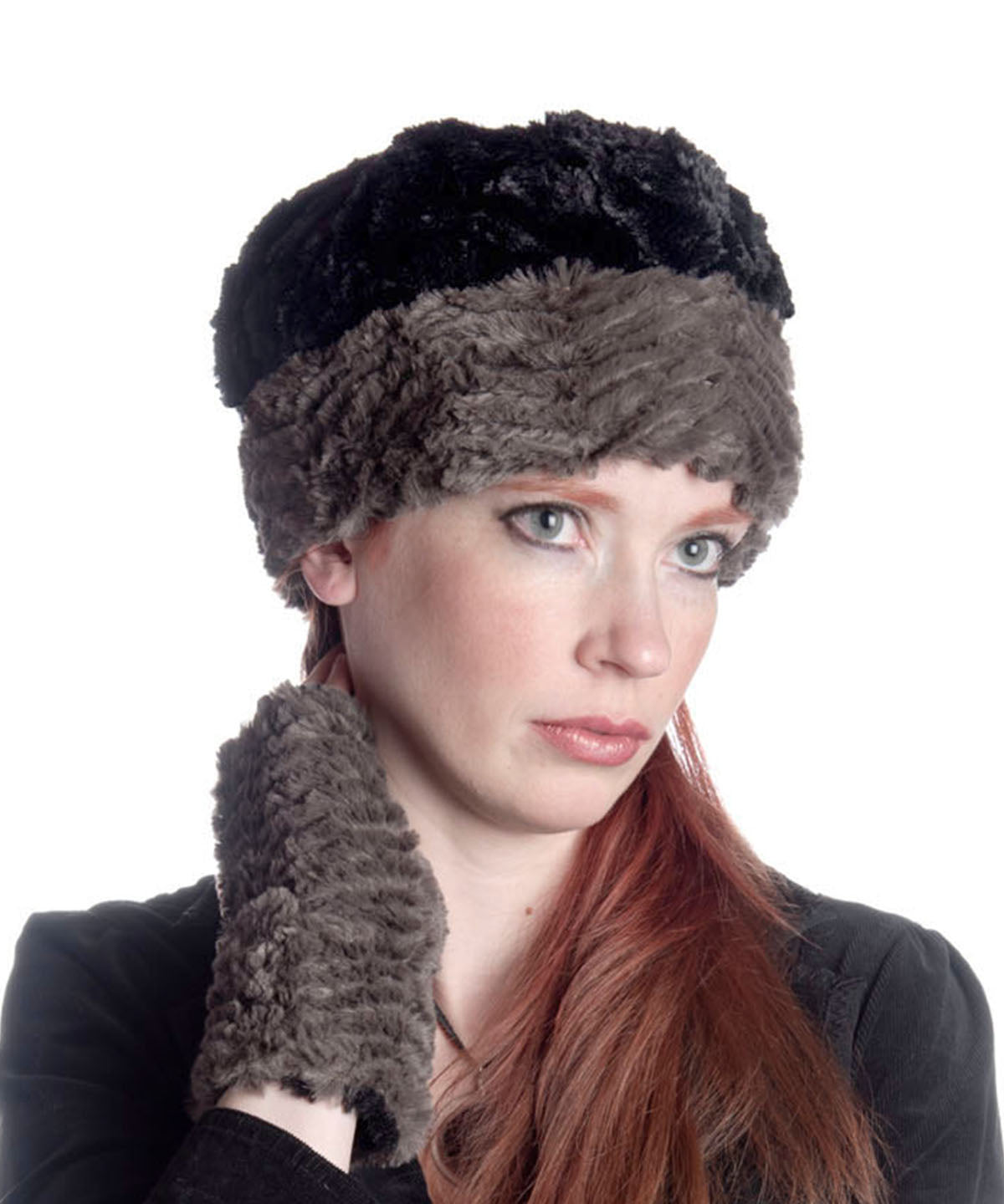 Woman modeling Beanie Hat shown reversed in Gray Chevron and Cuddly Black Faux Fur. Handmade by Pandemonium Millinery in Seattle, WA.