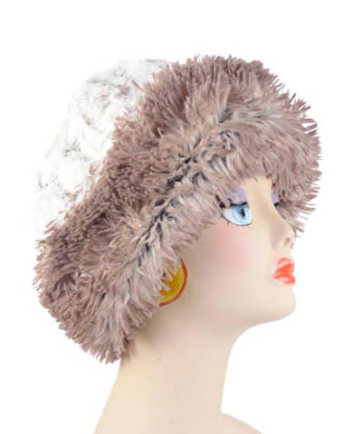 Beanie Hat shown in reverse in Arctic Fox and Winters Frost Faux Fur. Handmade by Pandemonium Millinery in Seattle, WA.
