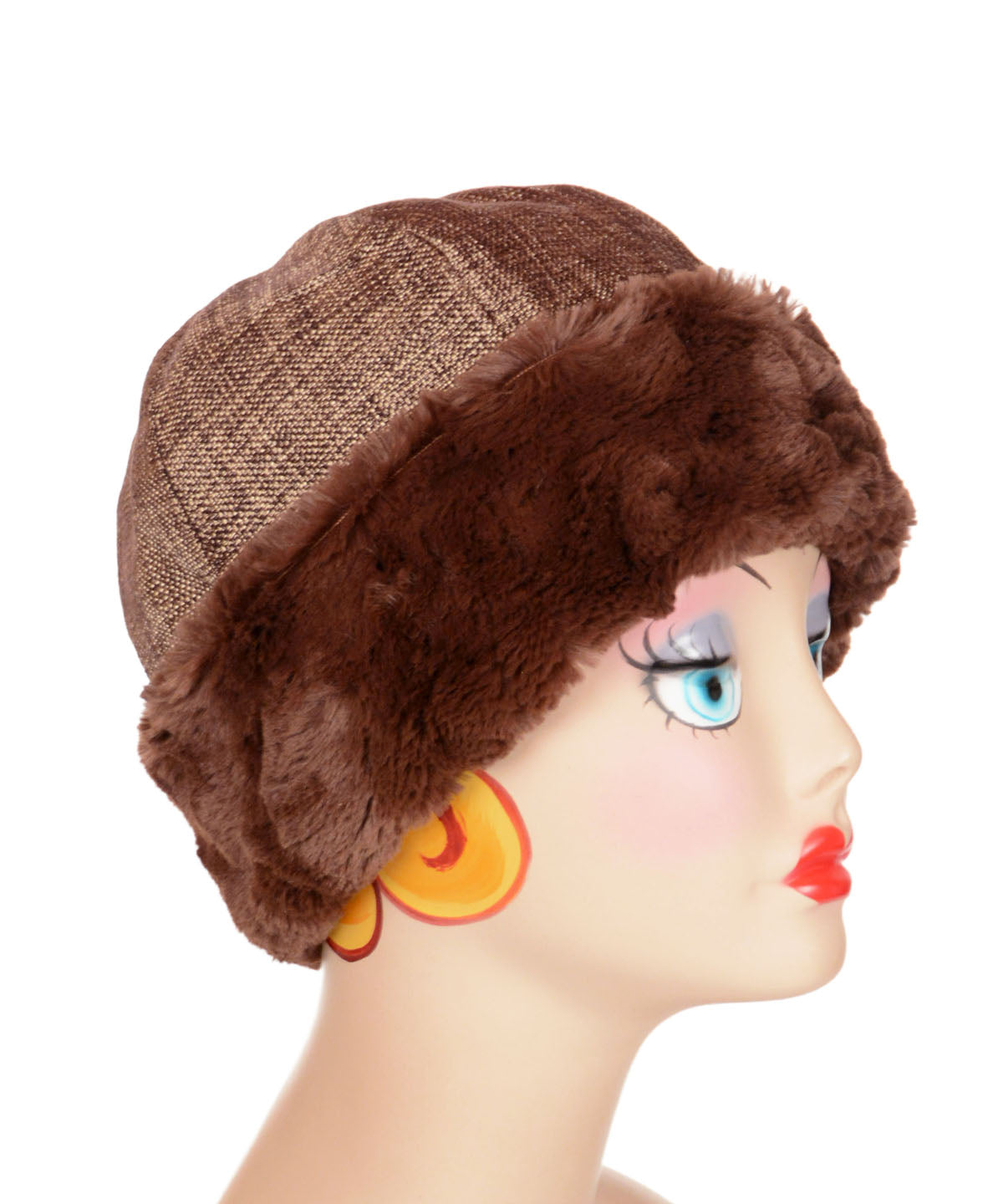 Beanie shown in Liam with Cuddly Faux fur Chocolate by Pandemonium Seattle. Handmade in America.