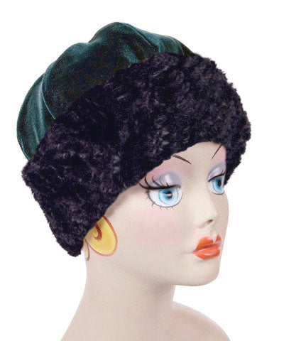 Woman modeling reversible Beanie Hat in Emerald Velvet with Cuddly Sand Faux Fur, with matching scarf. Handmade by Pandemonium Millinery.