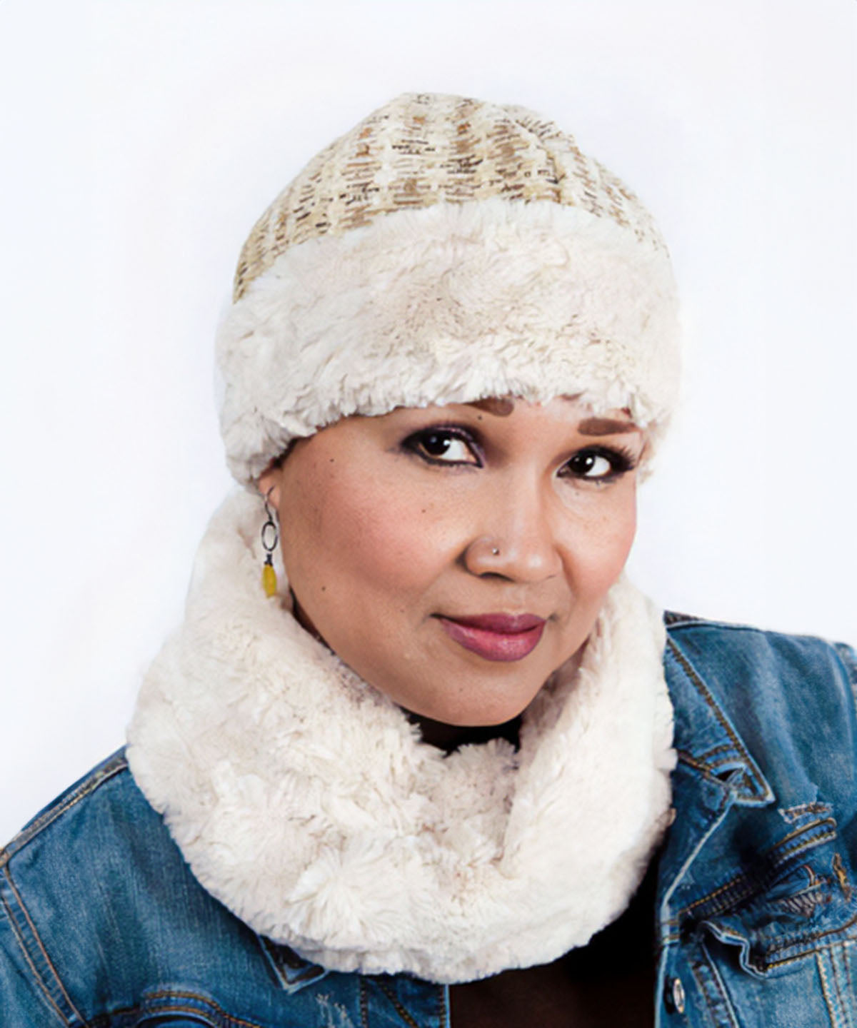 Model in Neck warmer in Cuddly Sand Faux Fur |  By Pandemonium Millinery | Seattle WA USA