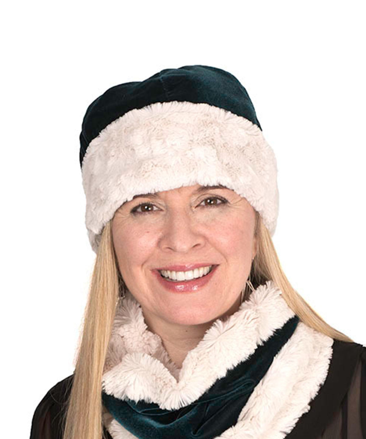 Woman modeling reversible Beanie Hat in Emerald Velvet with Cuddly Sand Faux Fur. Handmade by Pandemonium Millinery