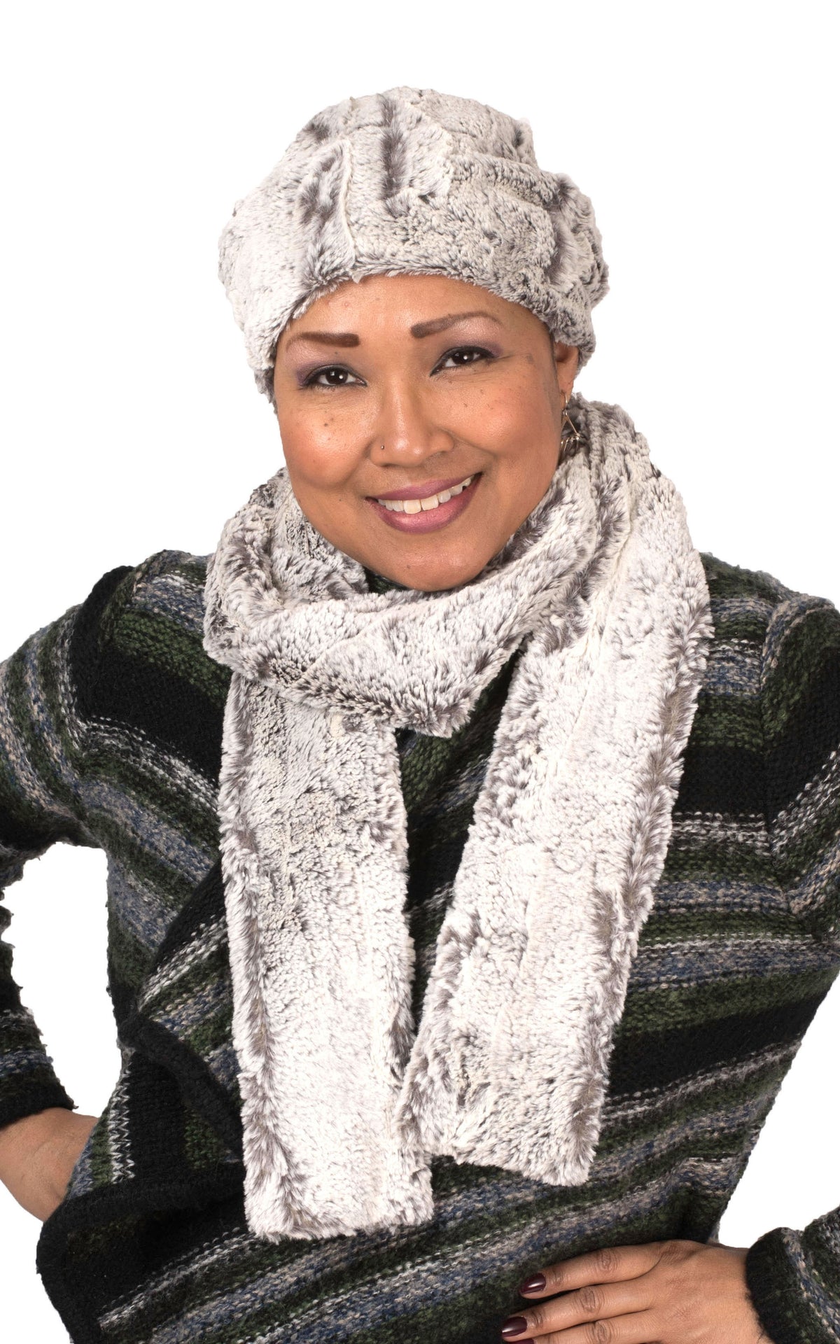 Women wearing Khaki beanie hat with matching Classic Skinny Scarf | Khaki faux fur Ivory, grya/green | Handmade by Pandemonium Millinery Seattle, WA USA