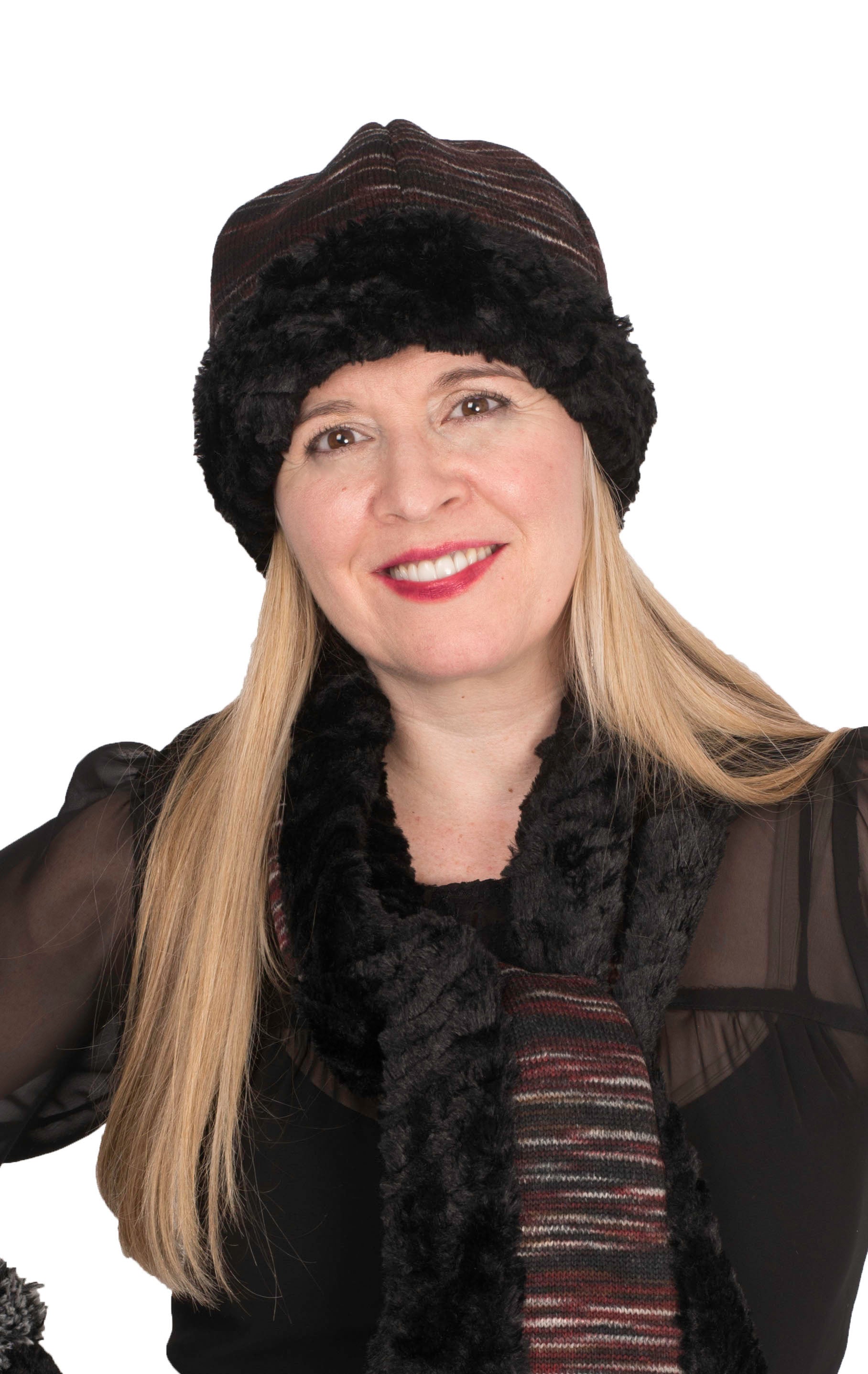 Beanie Hat, reversible – in Sweet Stripes Cherry Cordial lined in Cuddly Black Faux Fur. By Pandemonium Millinery