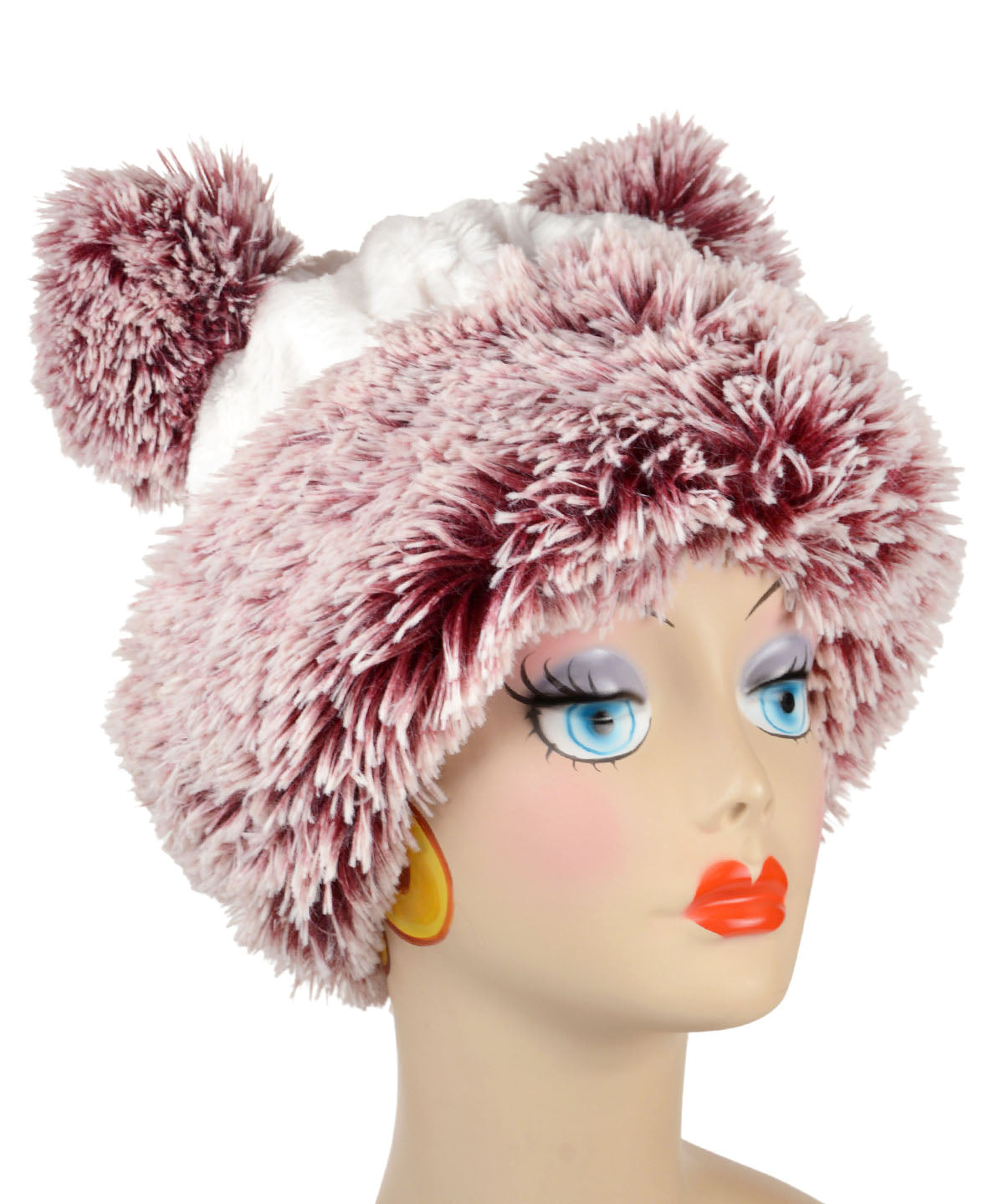 Product Shot of Bear Beanie Hat with ears, in Cuddly Ivory and Berry Foxy Faux Fur. Slight side angle view. Handmade by Pandemonium Millinery.