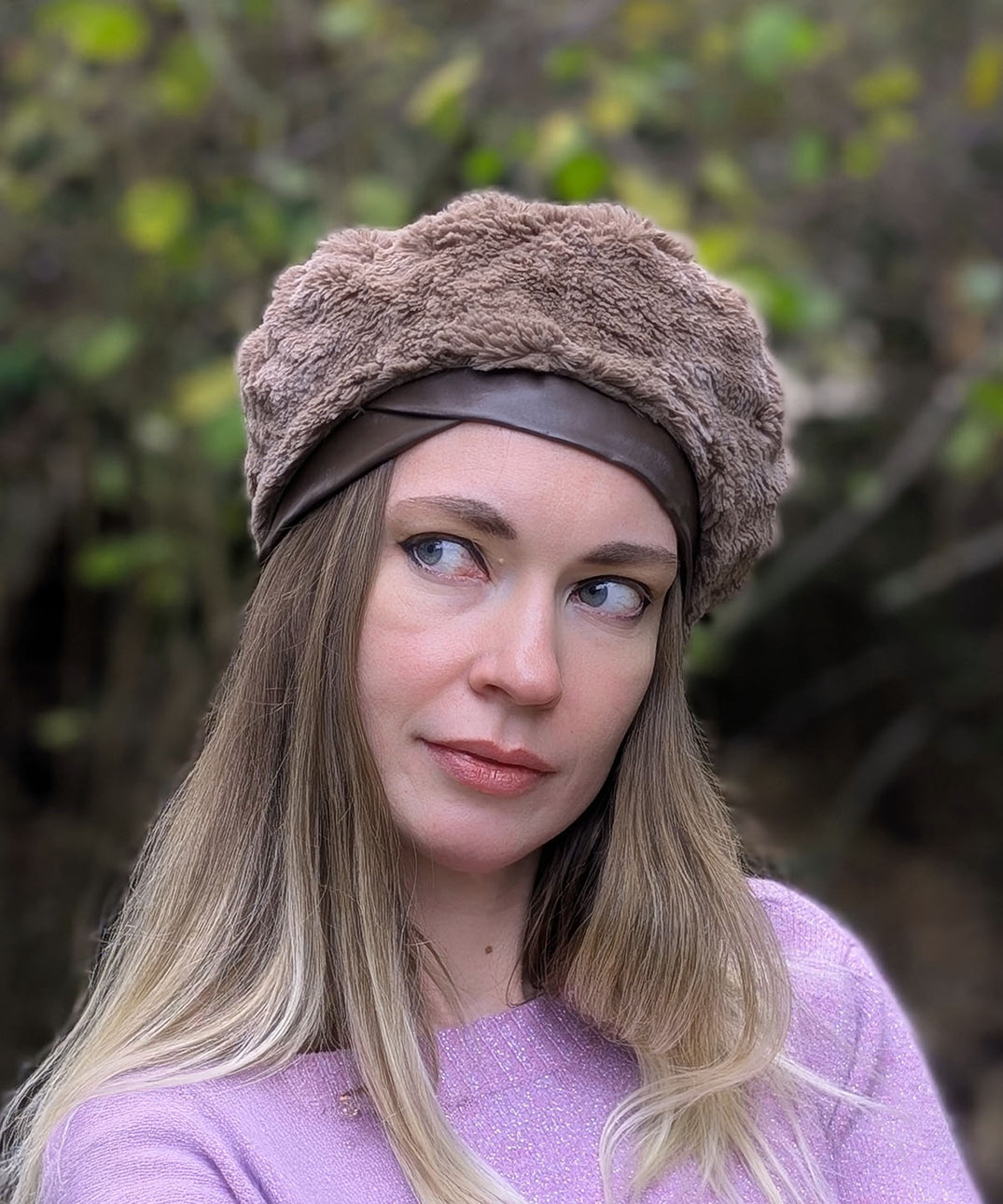 Woman wearing Beret shown in Cuddly Chocolate reverse in a vintage dyelot by Pandemonium Seattle. Handmade in America.