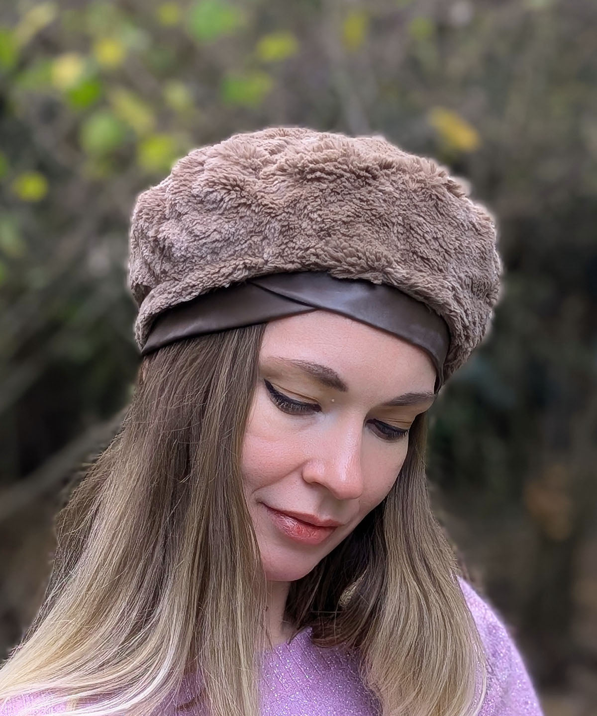 Woman in Beret shown in Cuddly Chocolate reverse in a vintage dyelot by Pandemonium Seattle. Handmade in America.