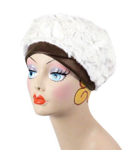 Beret shown in Cuddly Ivory reverse with Brown Vegan Leather Band by Pandemonium Seattle. Handmade in America.