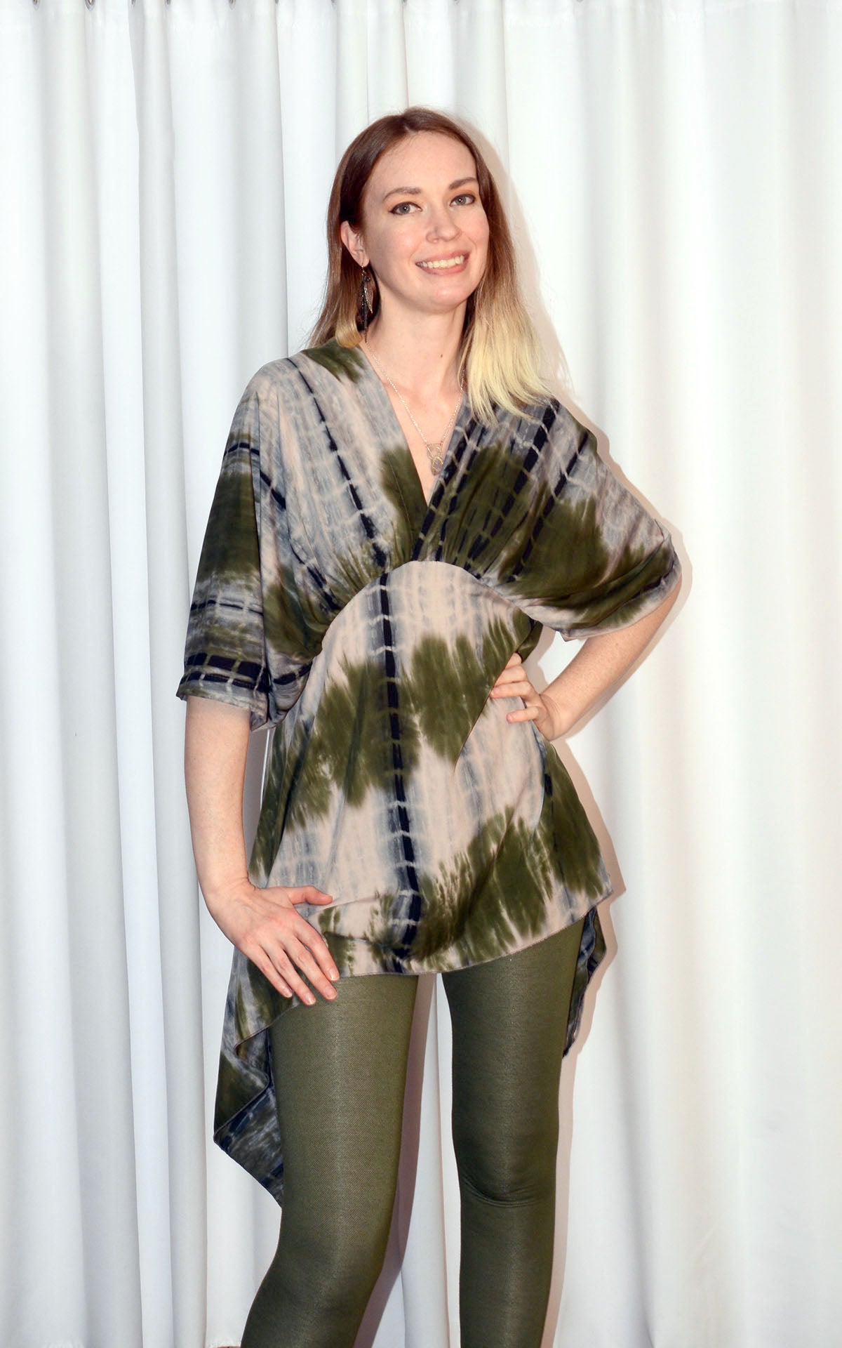 woman wearing butterfly tunic top in sencha green tea handmade by LYC x Pandemonium in Seattle, WA, USA