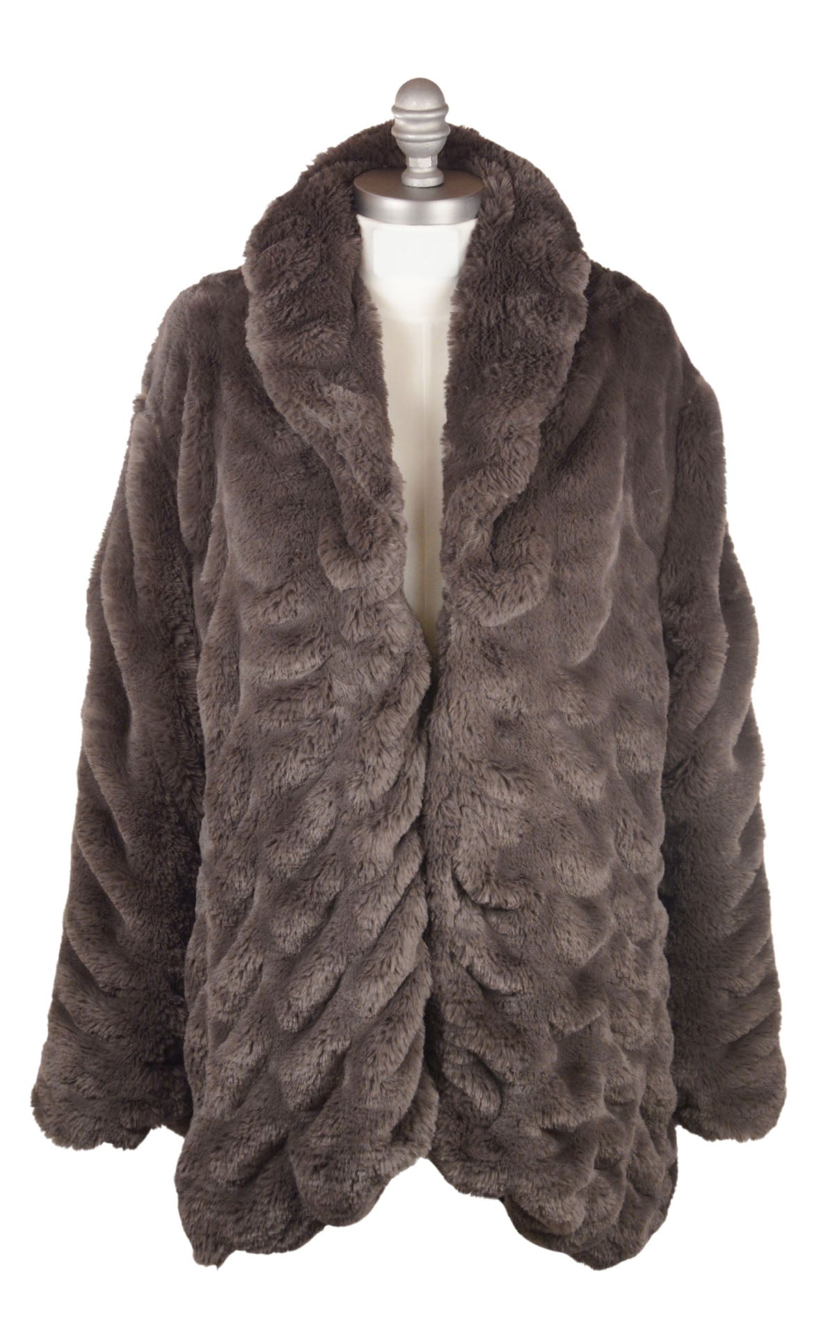 Product shot of Cardi coat in Mink Gray  Faux Fur | Handmade in Seattle, WA USA by Pandemonium Millinery