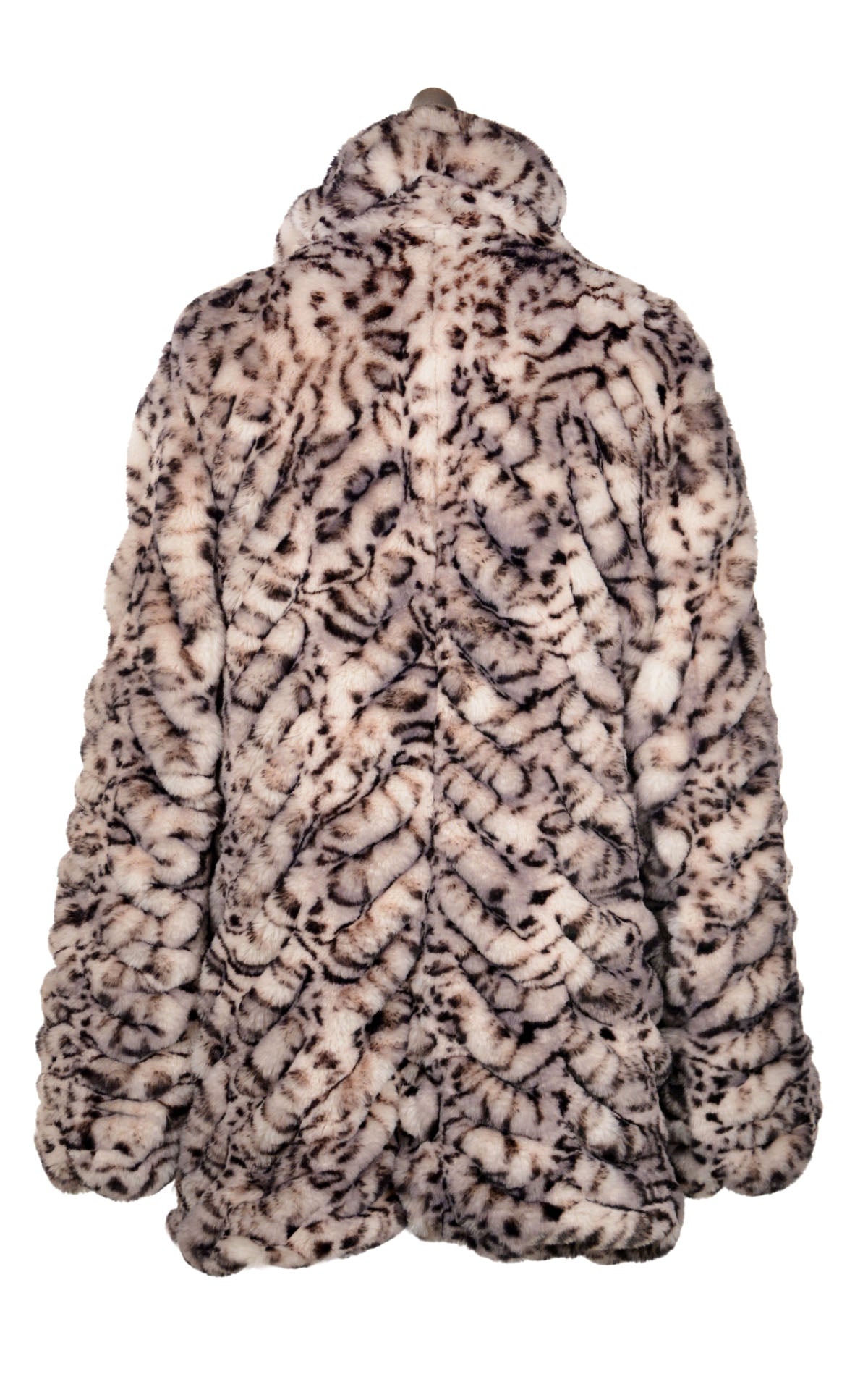 Product shot back view of Cardi coat in Snow Leopard  Faux Fur | Handmade in Seattle, WA USA by Pandemonium Millinery