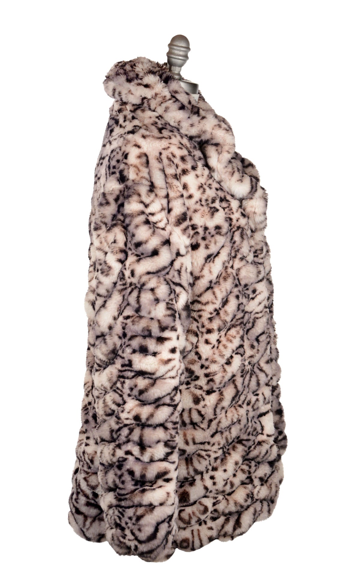 Product shot side view of Cardi coat in Snow Leopard Faux Fur | Handmade in Seattle, WA USA by Pandemonium Millinery