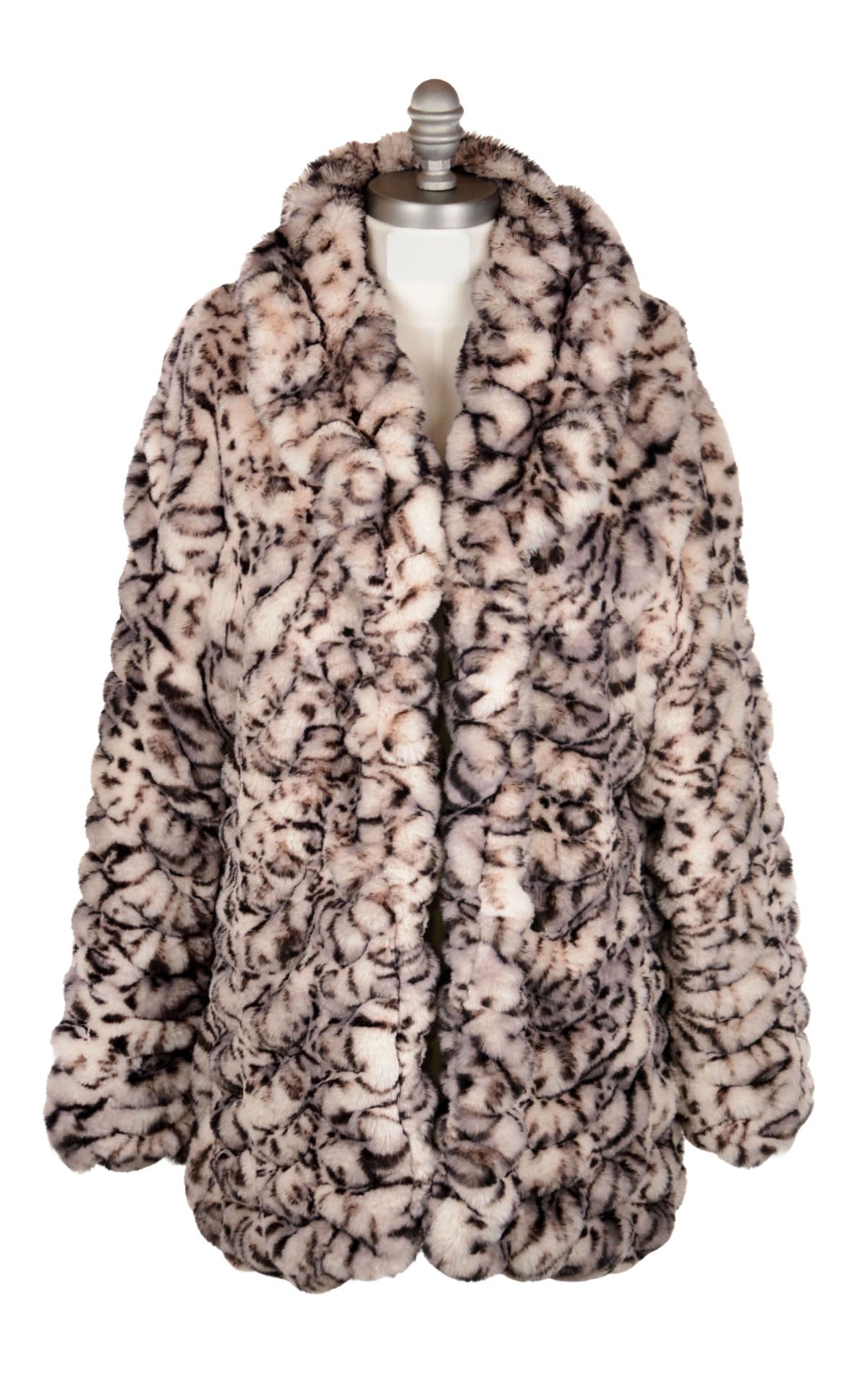 Product shot Front of Cardi coat in Snow Leopard  Faux Fur | Handmade in Seattle, WA USA by Pandemonium Millinery