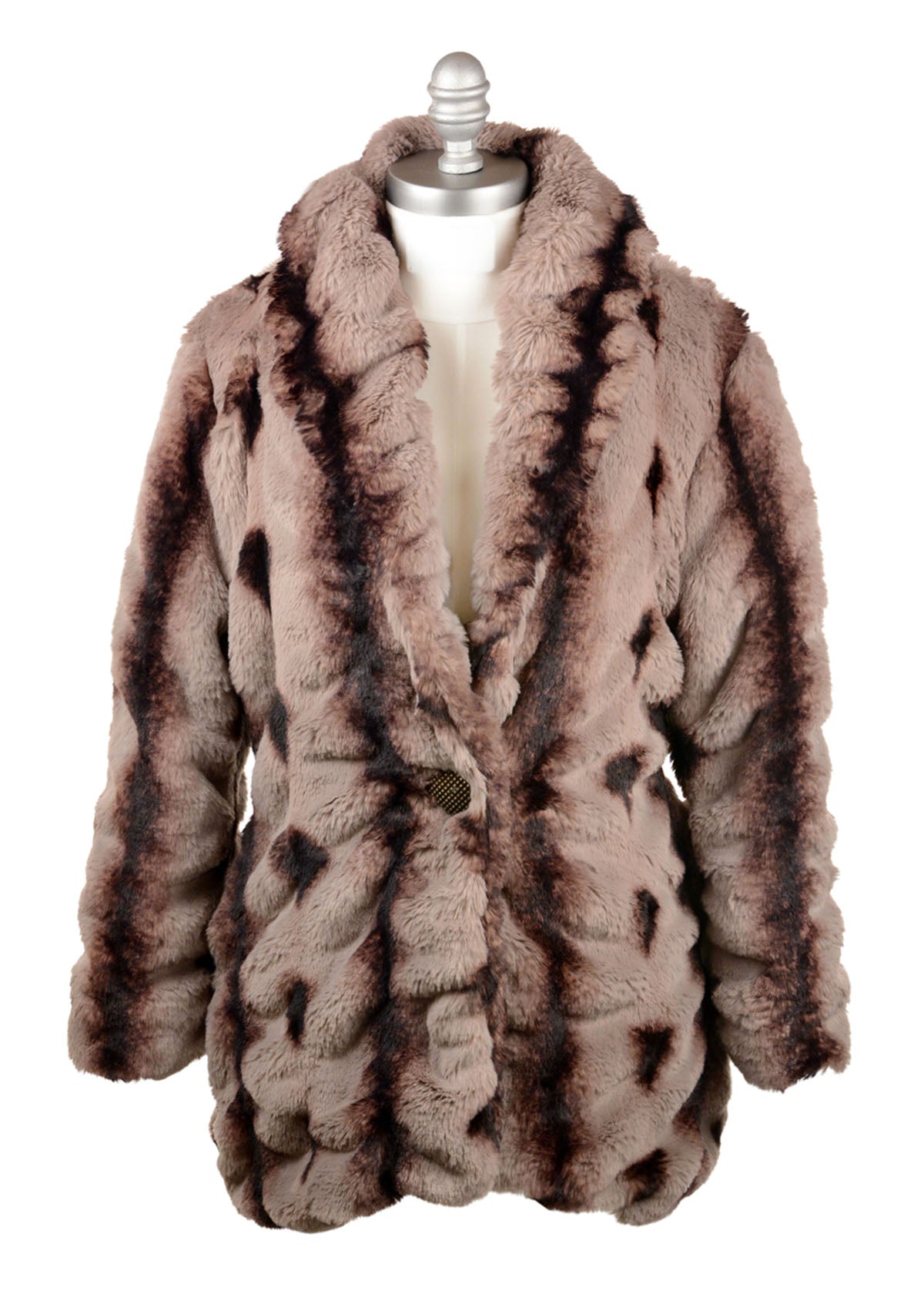 Product shot of Cardi coat in Taupeful  Faux Fur | Handmade in Seattle, WA USA by Pandemonium Millinery