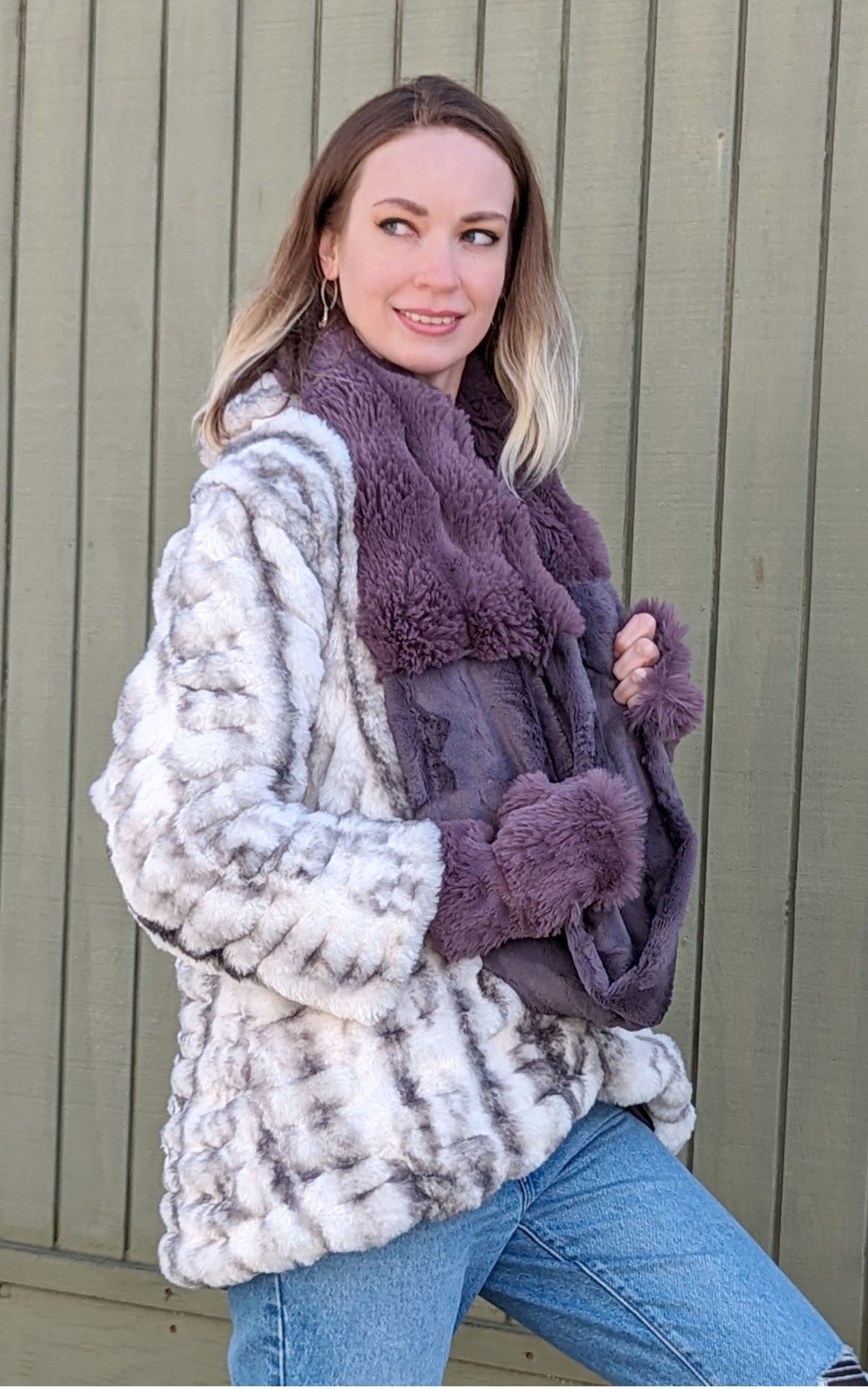 Model wearing Infinity Scarf in Sugar Plum Enchanted Dreams with Cool Gray Faux Fur and Cardi Coat in Aspen handmade in Seattle WA by Pandemonium Millinery